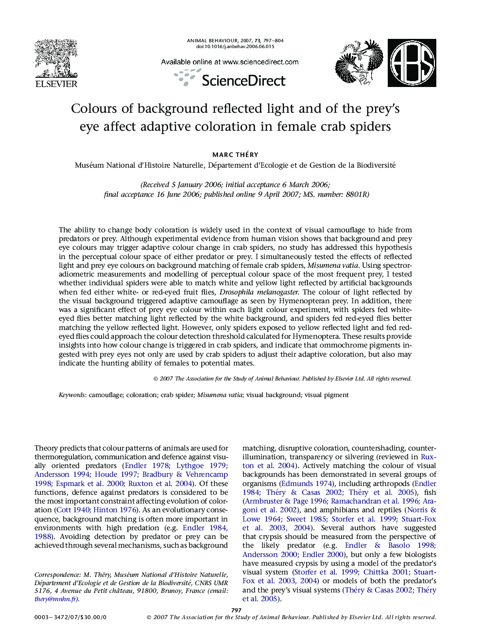 Colours of background reflected light and of the prey's eye affect adaptive coloration in female crab spiders