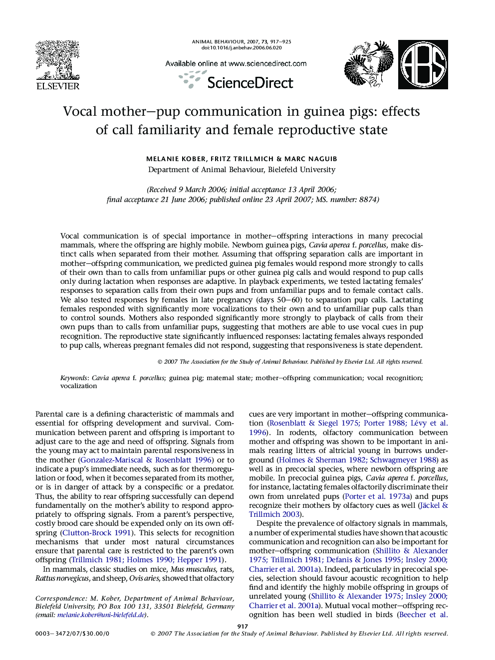 Vocal mother–pup communication in guinea pigs: effects of call familiarity and female reproductive state