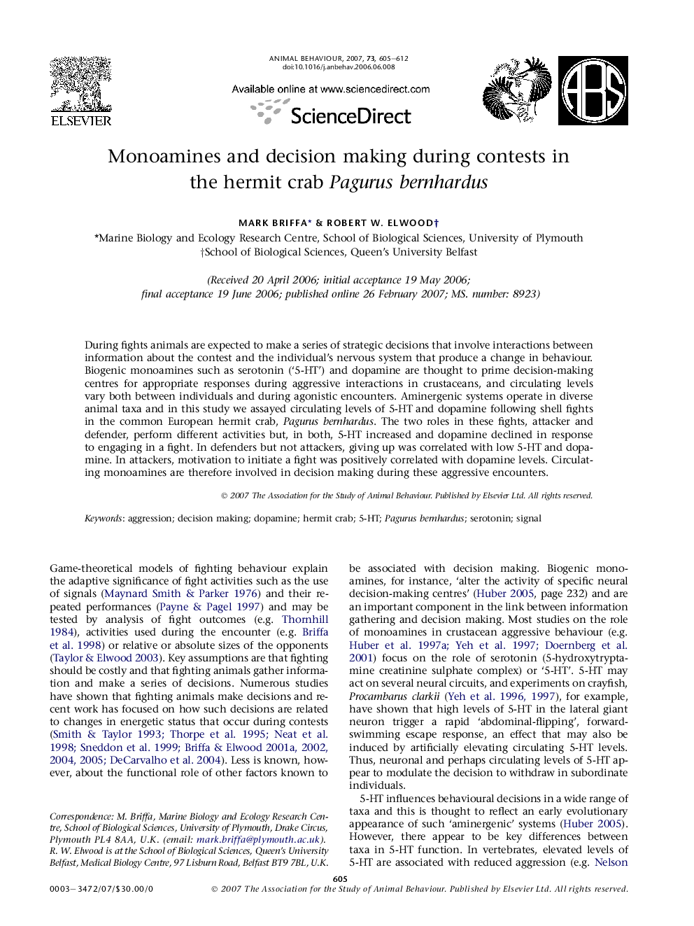 Monoamines and decision making during contests in the hermit crab Pagurus bernhardus