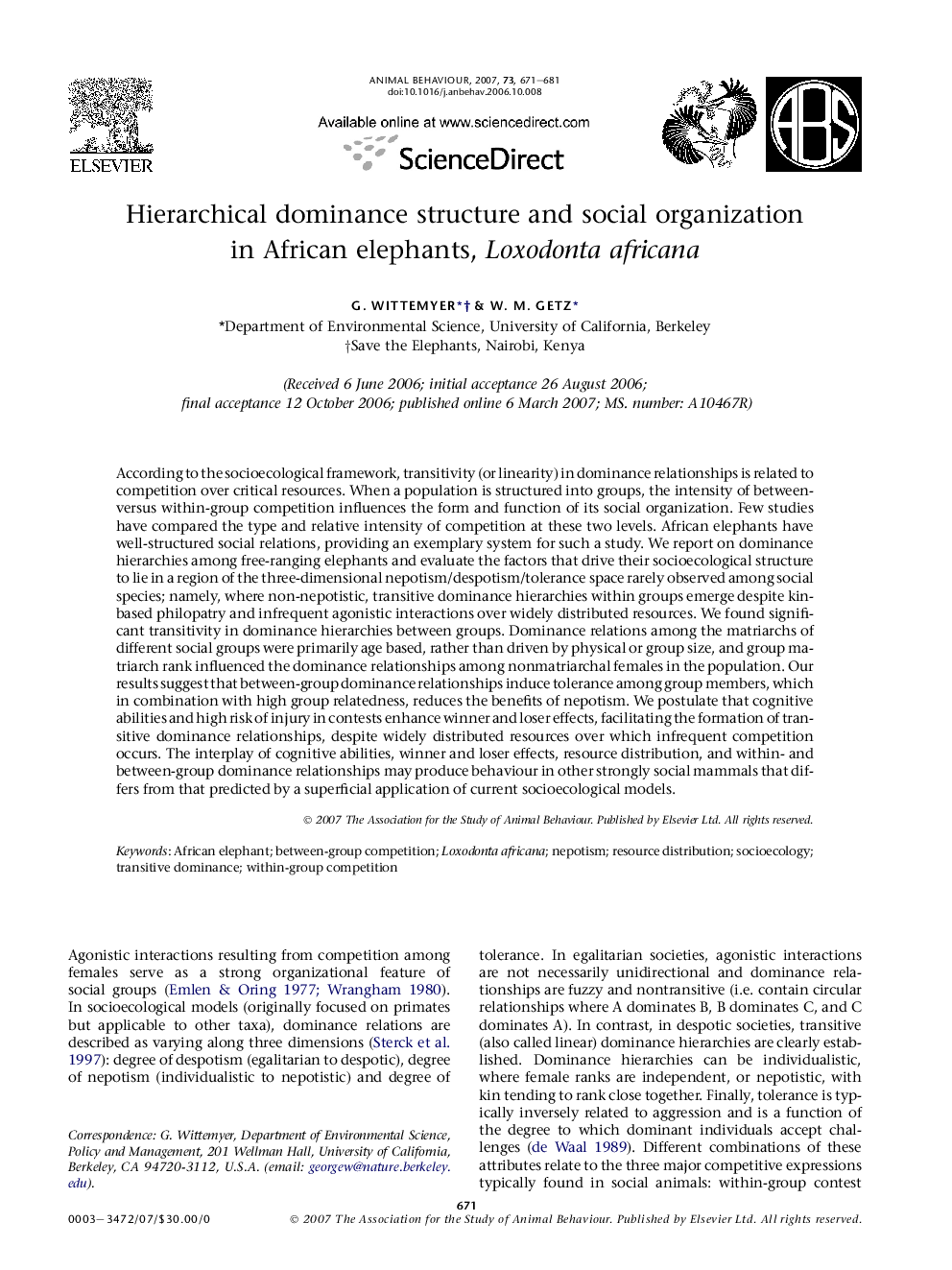 Hierarchical dominance structure and social organization in African elephants, Loxodonta africana