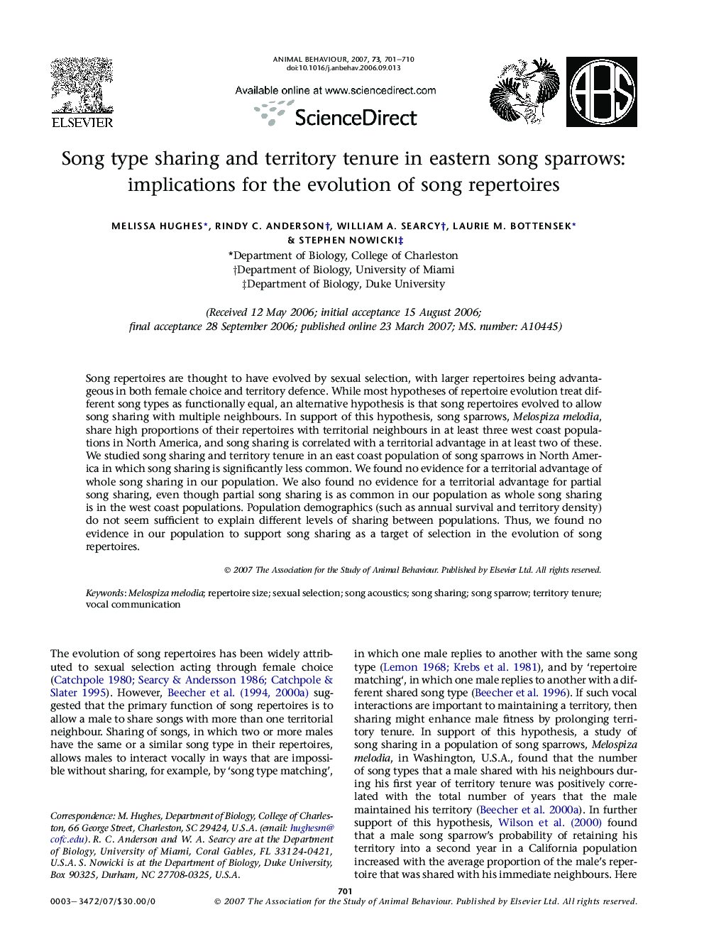 Song type sharing and territory tenure in eastern song sparrows: implications for the evolution of song repertoires