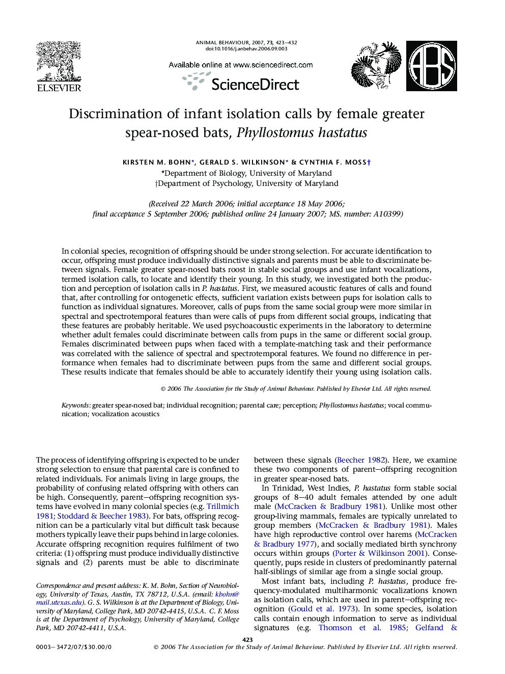 Discrimination of infant isolation calls by female greater spear-nosed bats, Phyllostomus hastatus