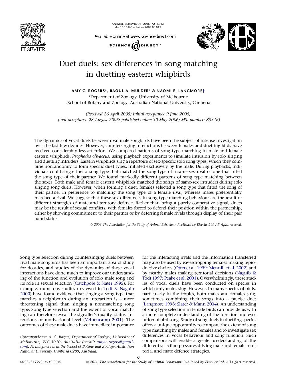 Duet duels: sex differences in song matching in duetting eastern whipbirds