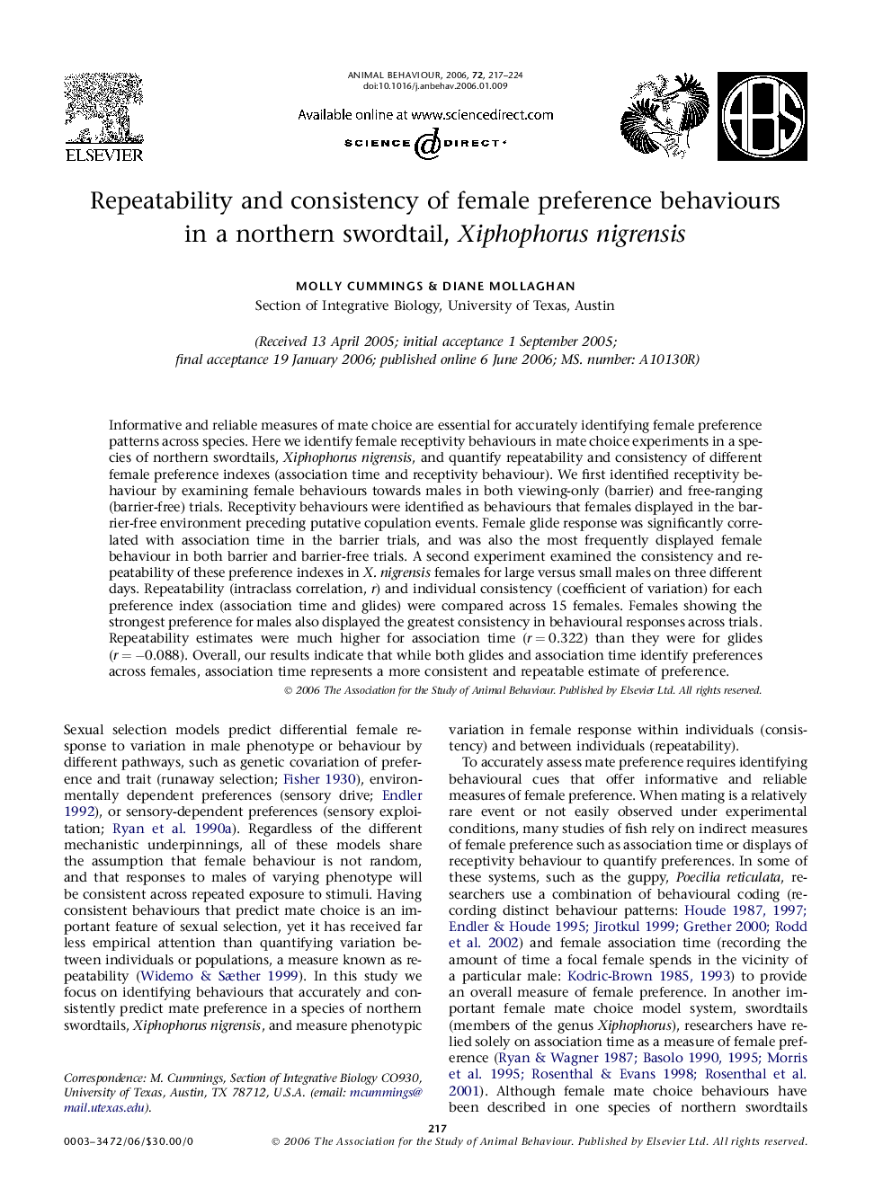 Repeatability and consistency of female preference behaviours in a northern swordtail, Xiphophorus nigrensis