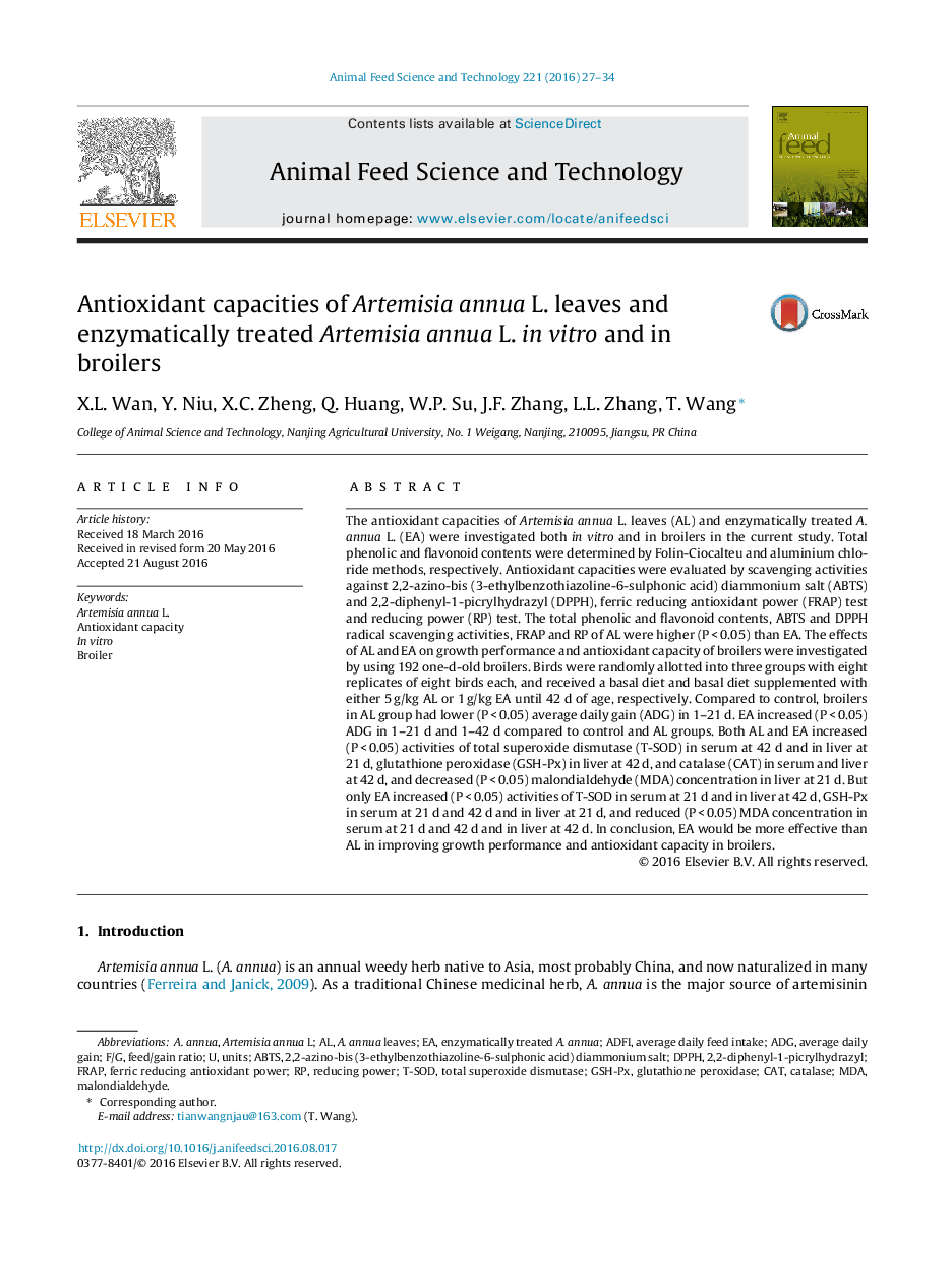 Antioxidant capacities of Artemisia annua L. leaves and enzymatically treated Artemisia annua L. in vitro and in broilers