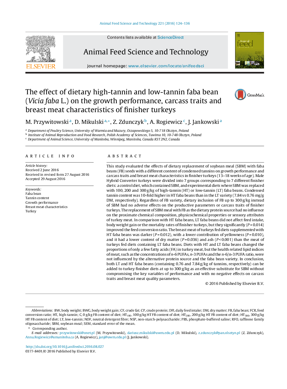 The effect of dietary high-tannin and low-tannin faba bean (Vicia faba L.) on the growth performance, carcass traits and breast meat characteristics of finisher turkeys