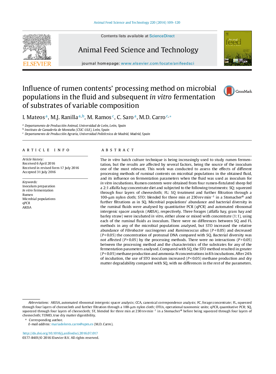 Influence of rumen contents’ processing method on microbial populations in the fluid and subsequent in vitro fermentation of substrates of variable composition