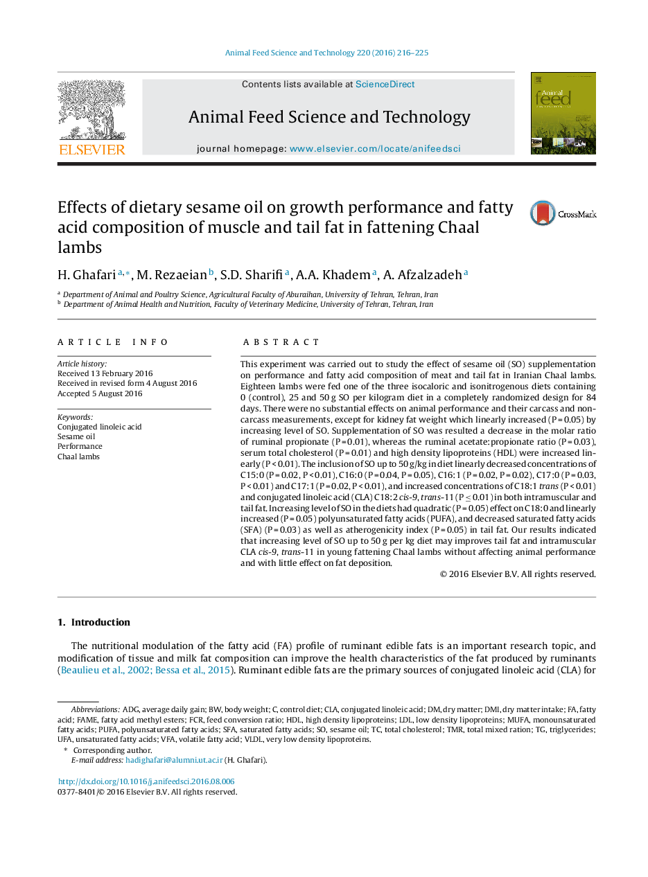 Effects of dietary sesame oil on growth performance and fatty acid composition of muscle and tail fat in fattening Chaal lambs