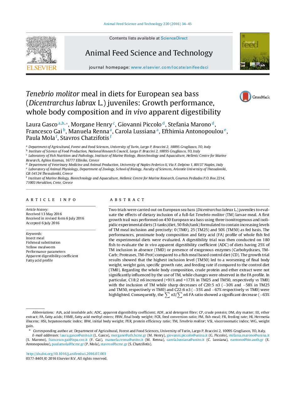 Tenebrio molitor meal in diets for European sea bass (Dicentrarchus labrax L.) juveniles: Growth performance, whole body composition and in vivo apparent digestibility