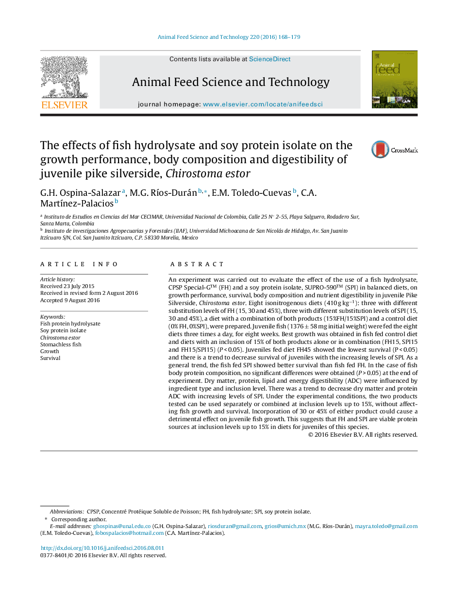 The effects of fish hydrolysate and soy protein isolate on the growth performance, body composition and digestibility of juvenile pike silverside, Chirostoma estor