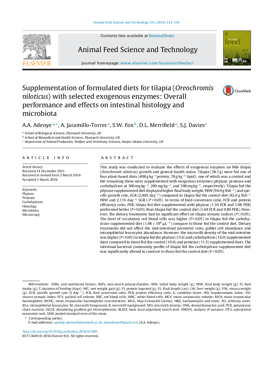 Supplementation of formulated diets for tilapia (Oreochromis niloticus) with selected exogenous enzymes: Overall performance and effects on intestinal histology and microbiota