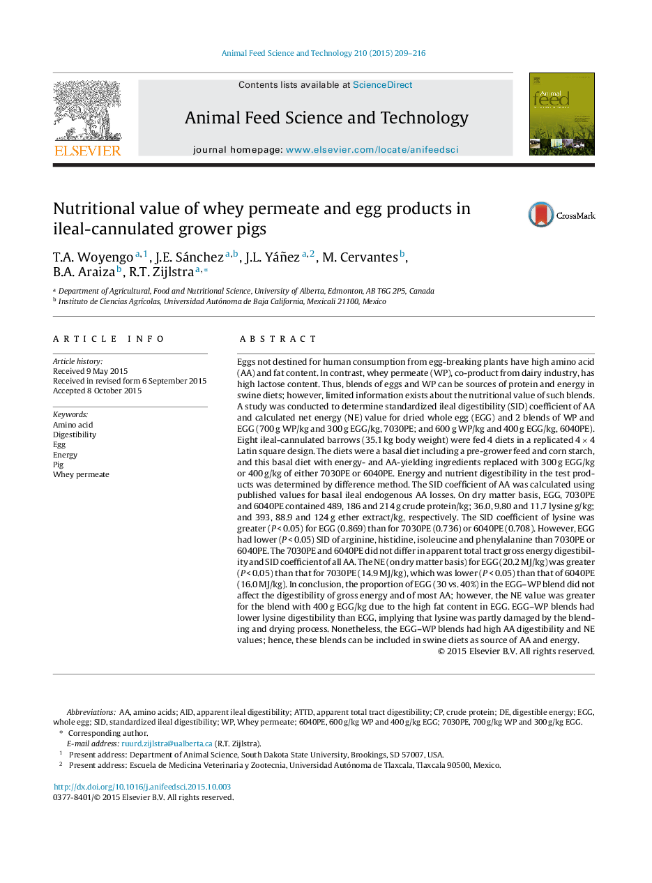 Nutritional value of whey permeate and egg products in ileal-cannulated grower pigs