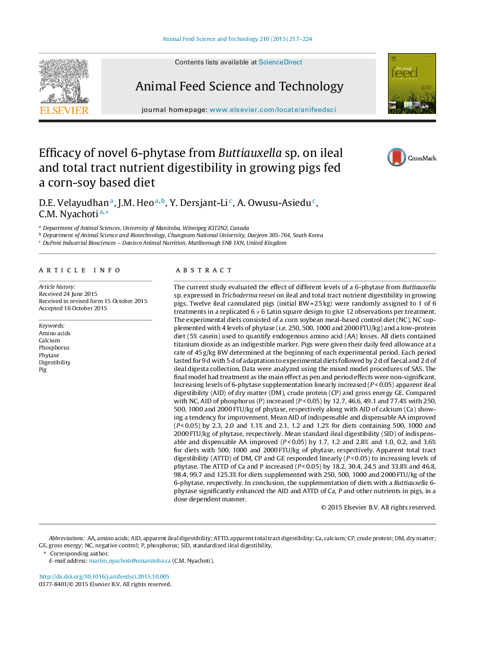 Efficacy of novel 6-phytase from Buttiauxella sp. on ileal and total tract nutrient digestibility in growing pigs fed a corn-soy based diet