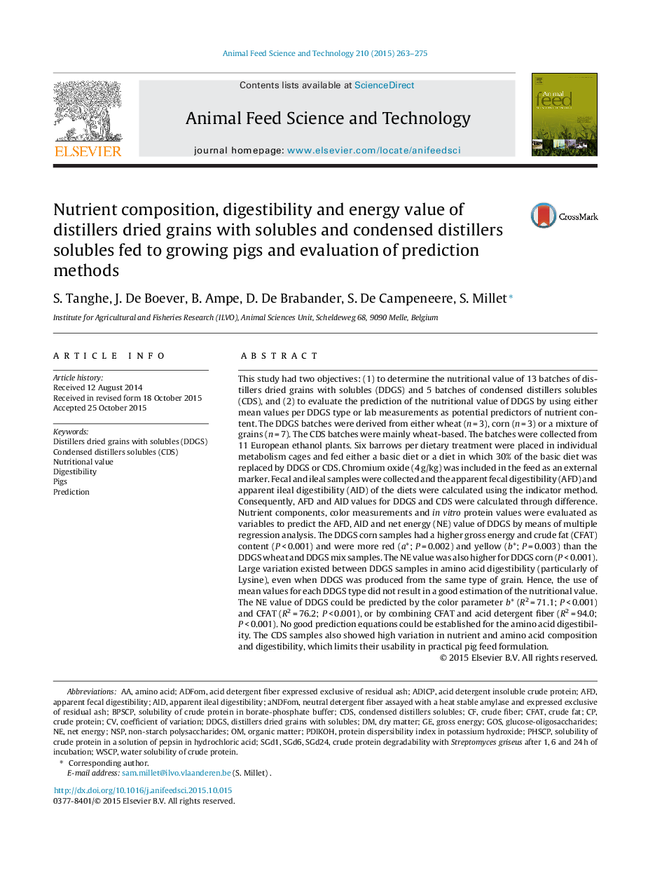 Nutrient composition, digestibility and energy value of distillers dried grains with solubles and condensed distillers solubles fed to growing pigs and evaluation of prediction methods