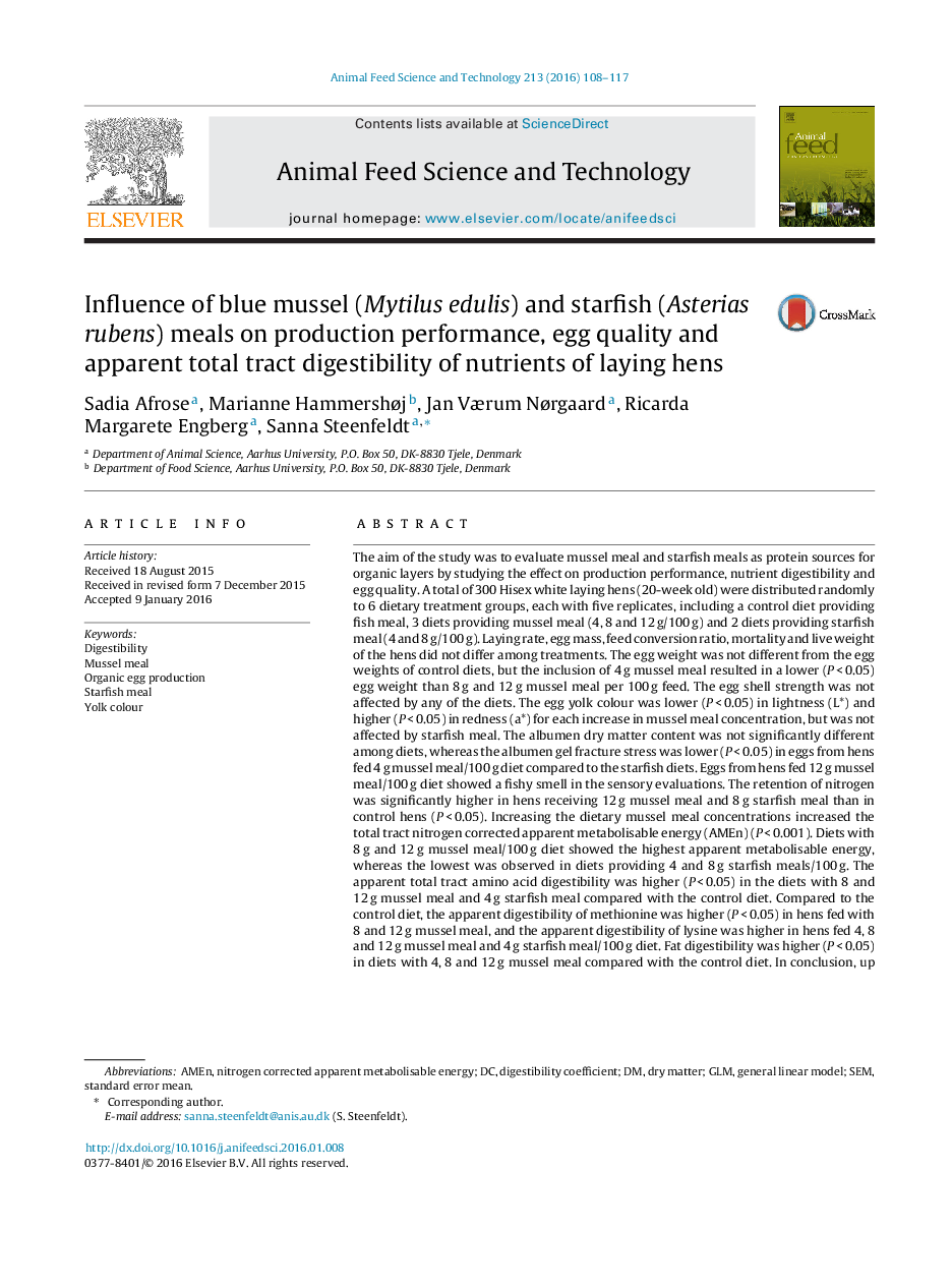 Influence of blue mussel (Mytilus edulis) and starfish (Asterias rubens) meals on production performance, egg quality and apparent total tract digestibility of nutrients of laying hens