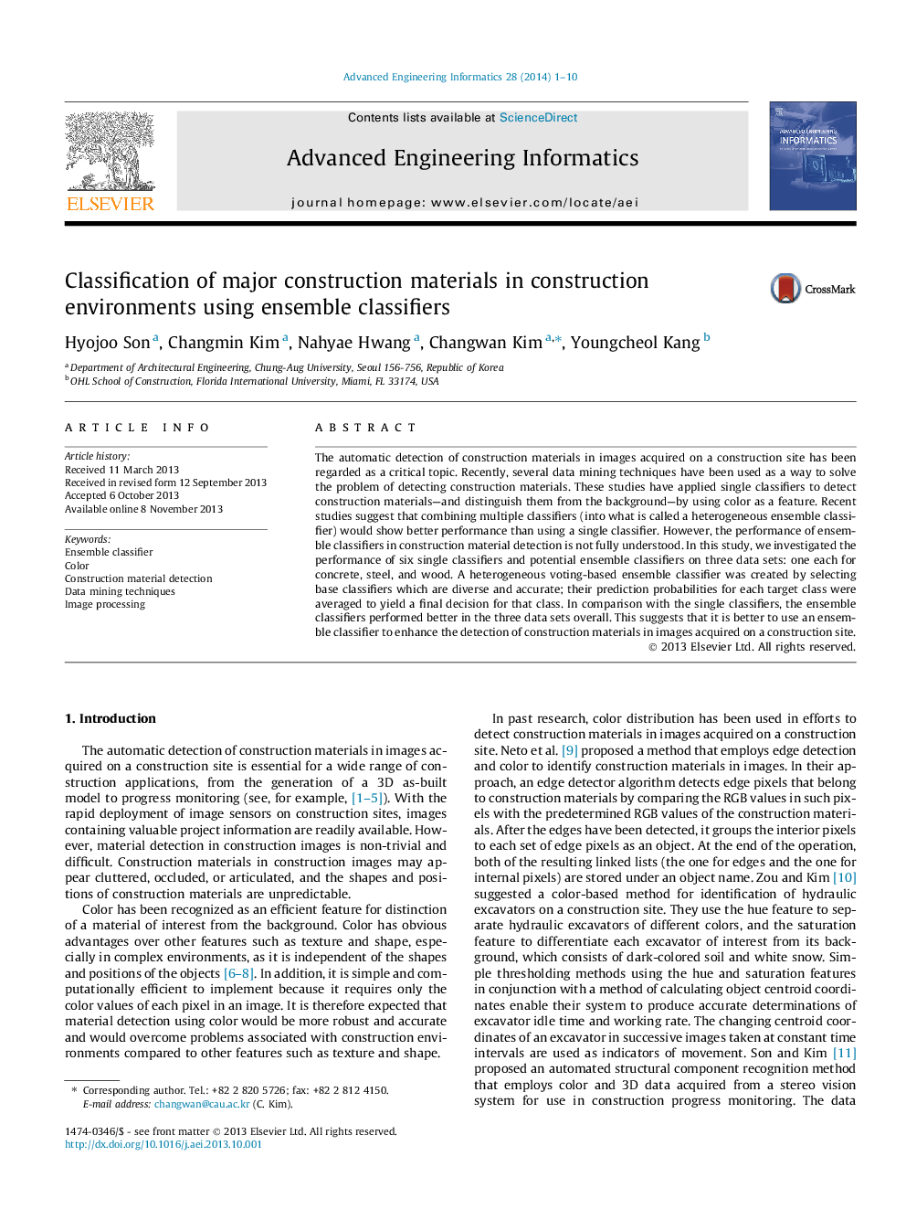 Classification of major construction materials in construction environments using ensemble classifiers