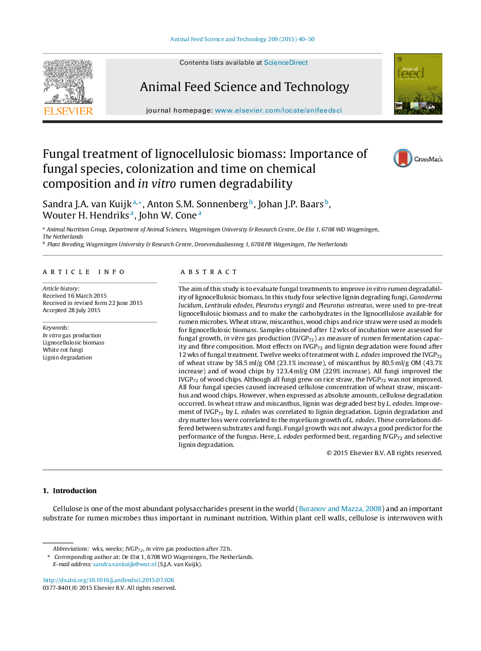 Fungal treatment of lignocellulosic biomass: Importance of fungal species, colonization and time on chemical composition and in vitro rumen degradability