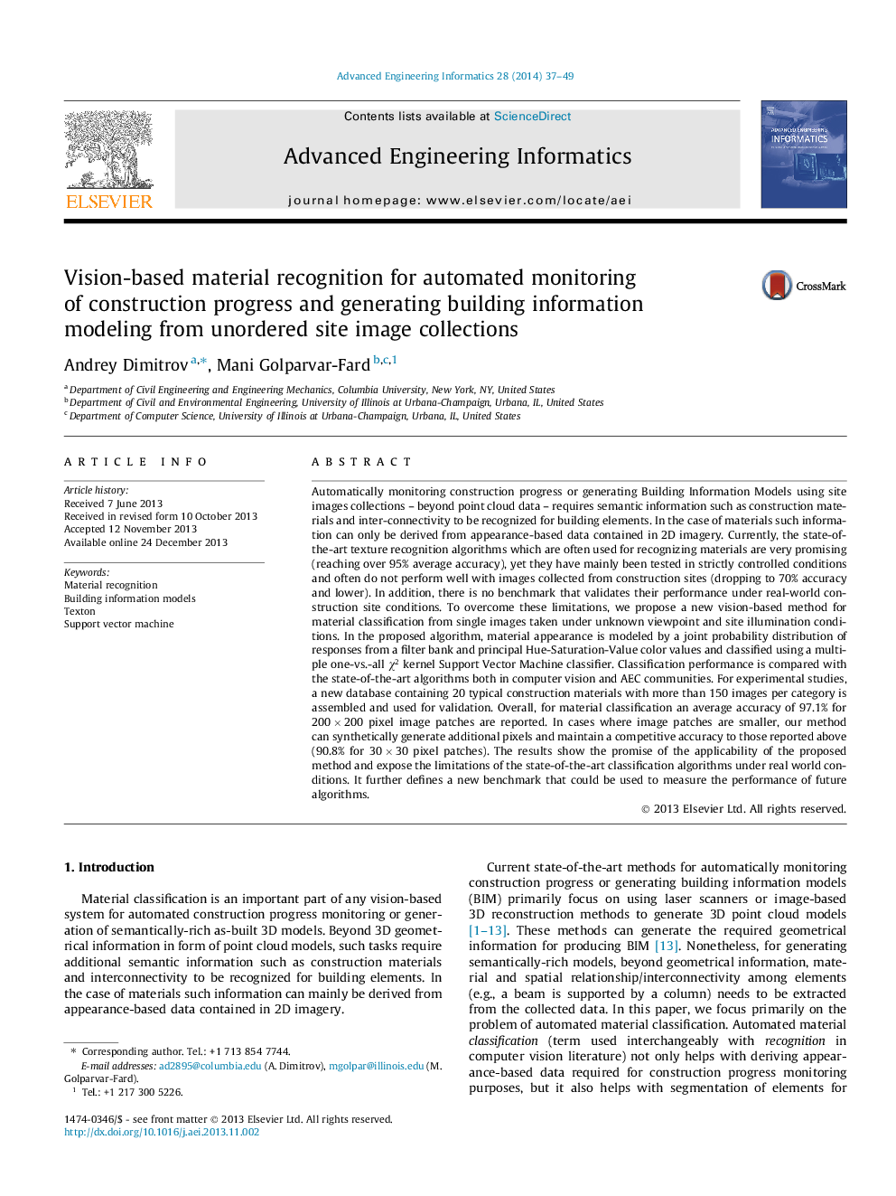 Vision-based material recognition for automated monitoring of construction progress and generating building information modeling from unordered site image collections