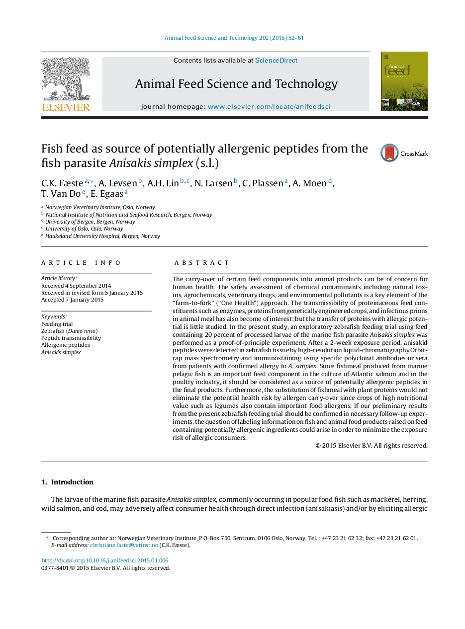 Fish feed as source of potentially allergenic peptides from the fish parasite Anisakis simplex (s.l.)