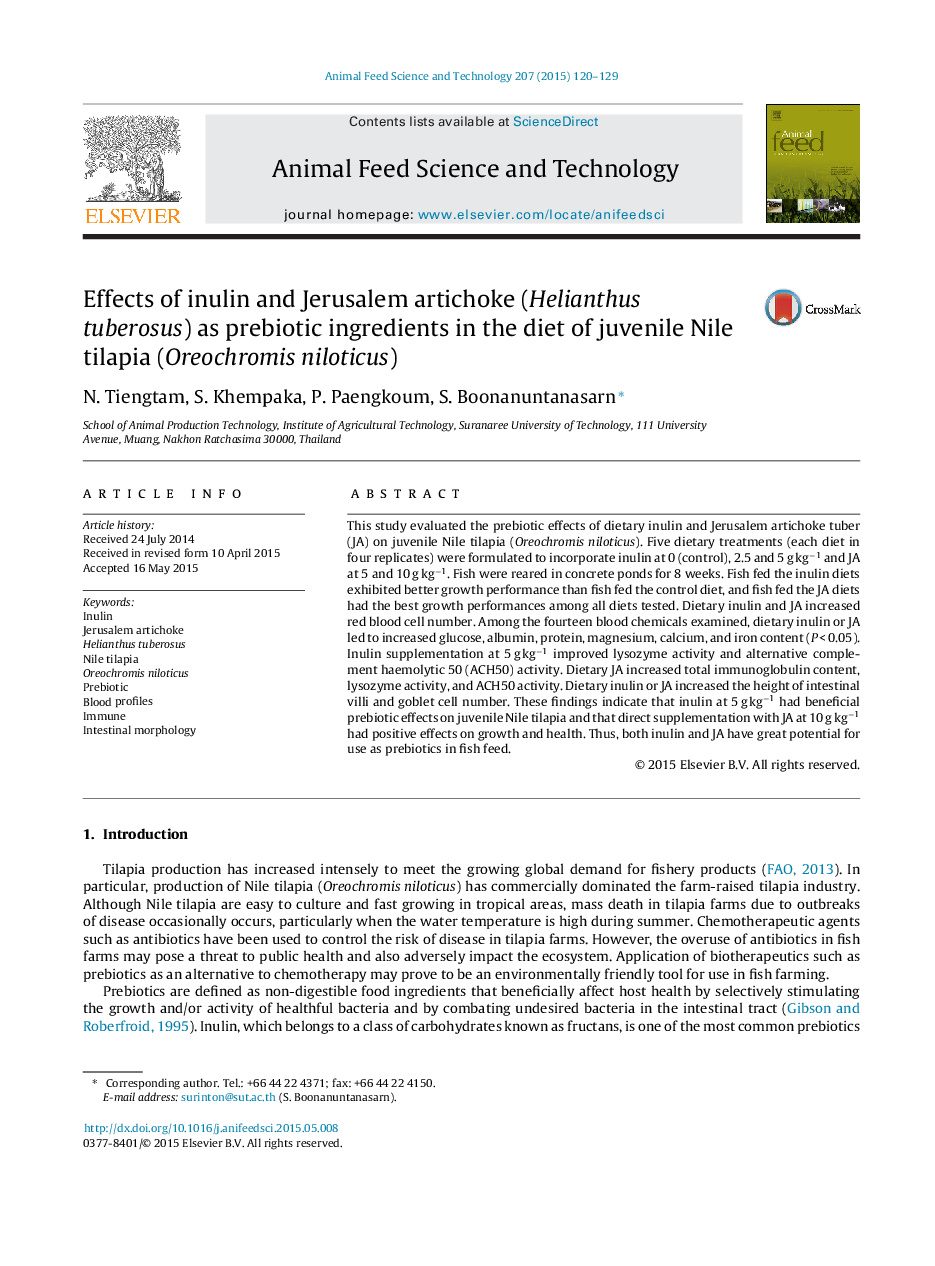 Effects of inulin and Jerusalem artichoke (Helianthus tuberosus) as prebiotic ingredients in the diet of juvenile Nile tilapia (Oreochromis niloticus)