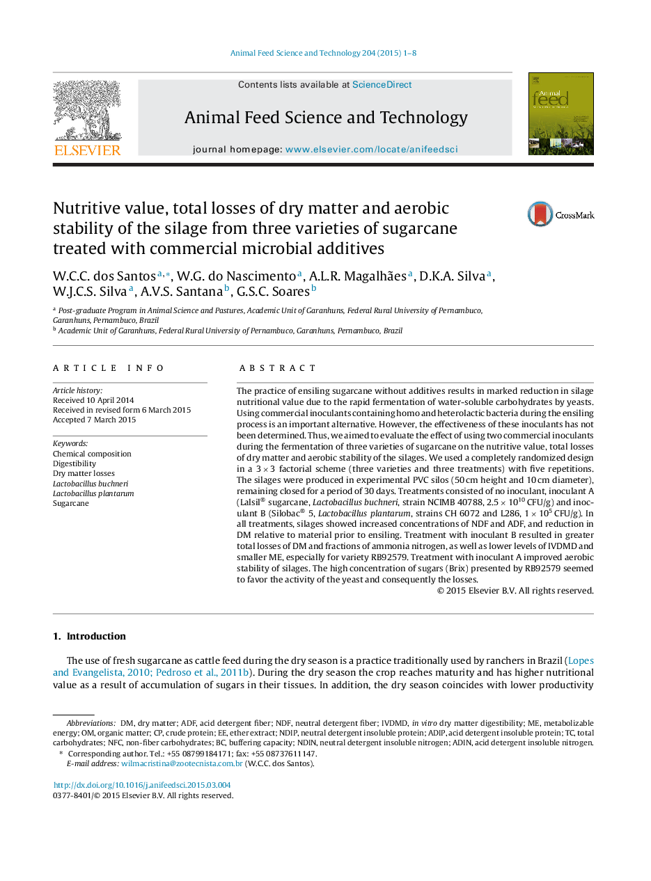 Nutritive value, total losses of dry matter and aerobic stability of the silage from three varieties of sugarcane treated with commercial microbial additives