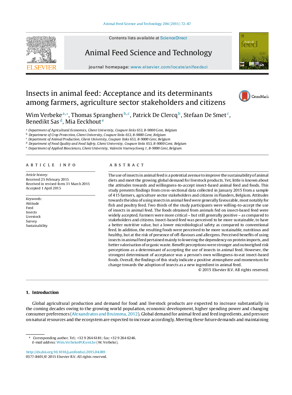 Insects in animal feed: Acceptance and its determinants among farmers, agriculture sector stakeholders and citizens