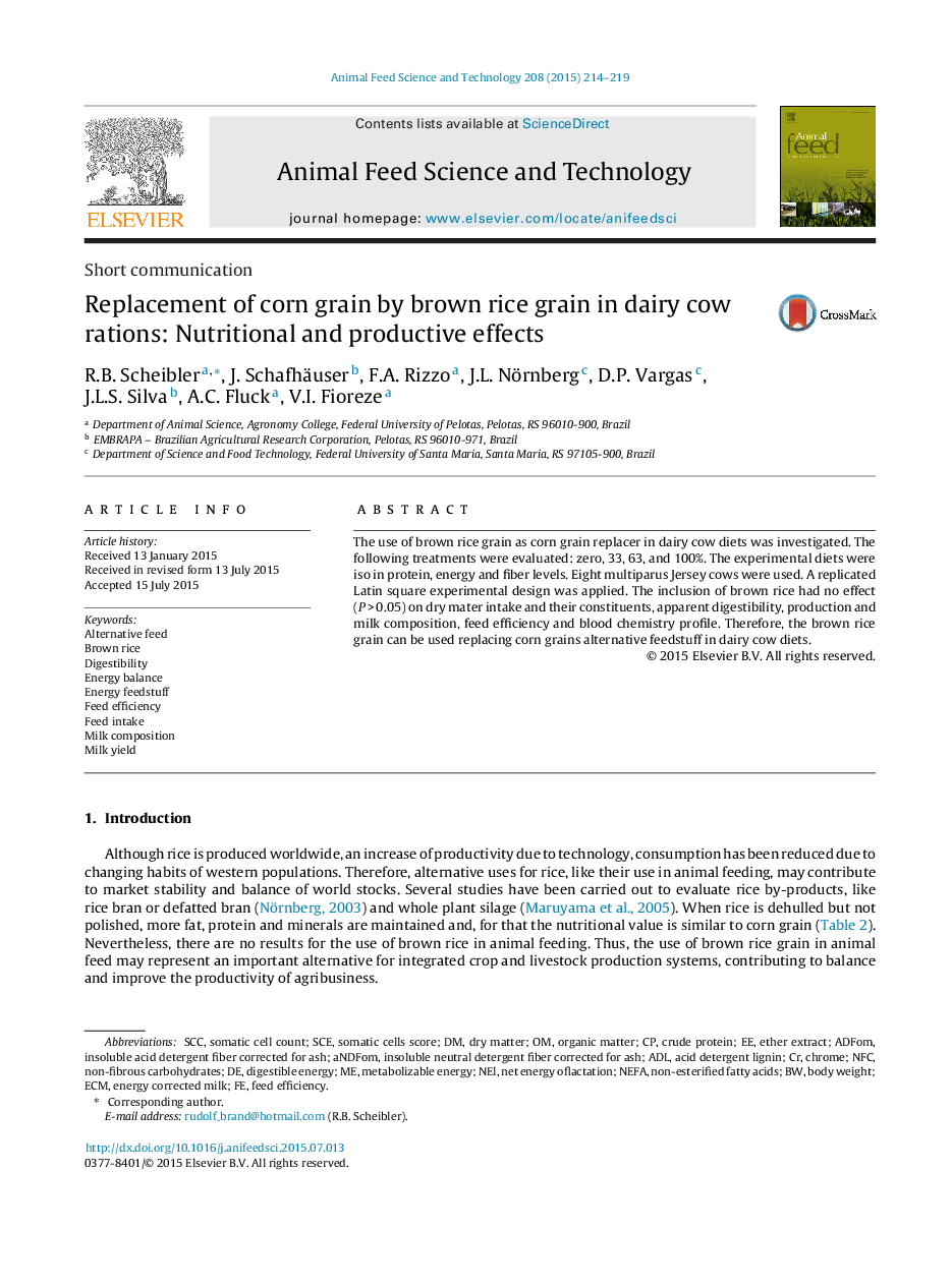 Replacement of corn grain by brown rice grain in dairy cow rations: Nutritional and productive effects