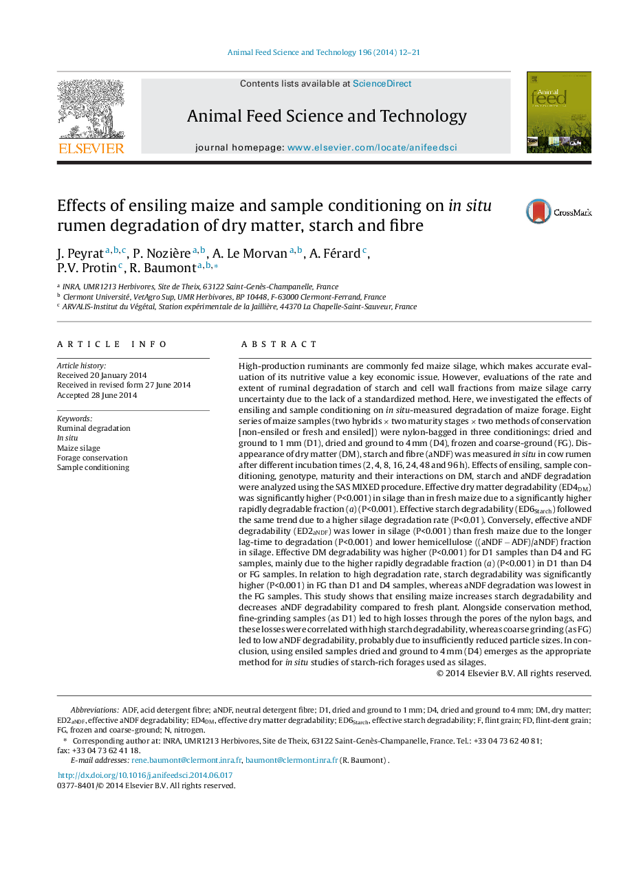 Effects of ensiling maize and sample conditioning on in situ rumen degradation of dry matter, starch and fibre