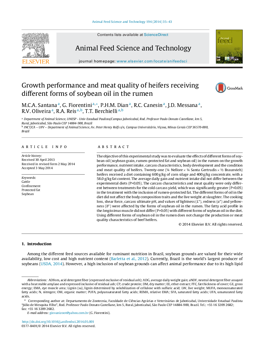 Growth performance and meat quality of heifers receiving different forms of soybean oil in the rumen