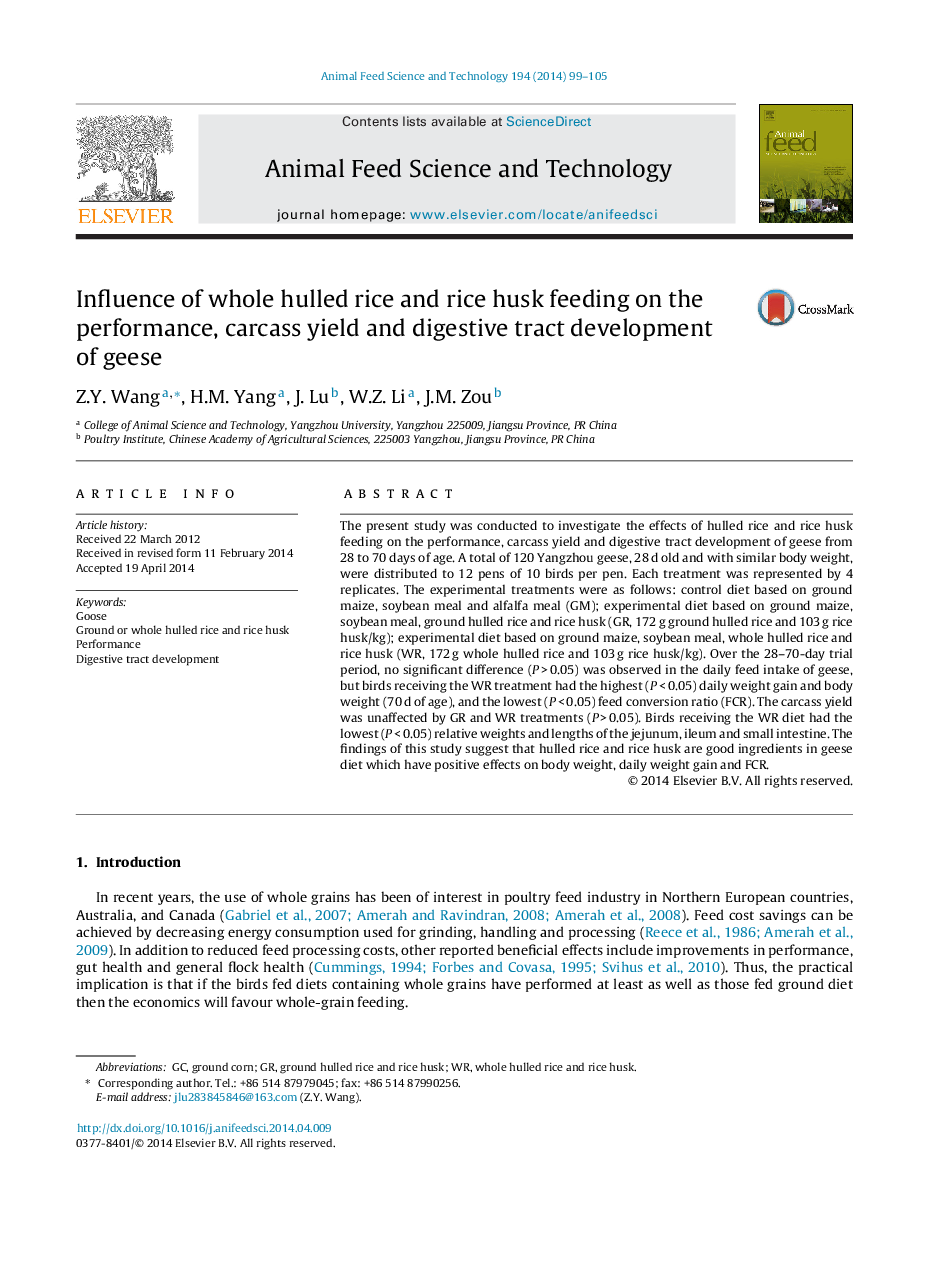 Influence of whole hulled rice and rice husk feeding on the performance, carcass yield and digestive tract development of geese