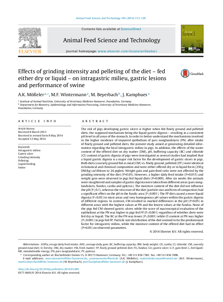 Effects of grinding intensity and pelleting of the diet – fed either dry or liquid – on intragastric milieu, gastric lesions and performance of swine