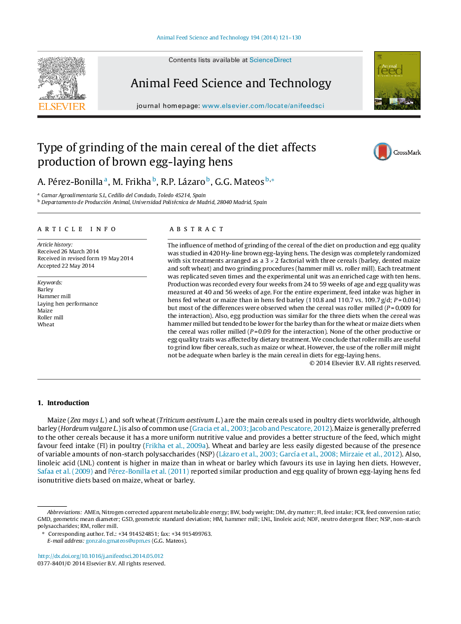 Type of grinding of the main cereal of the diet affects production of brown egg-laying hens