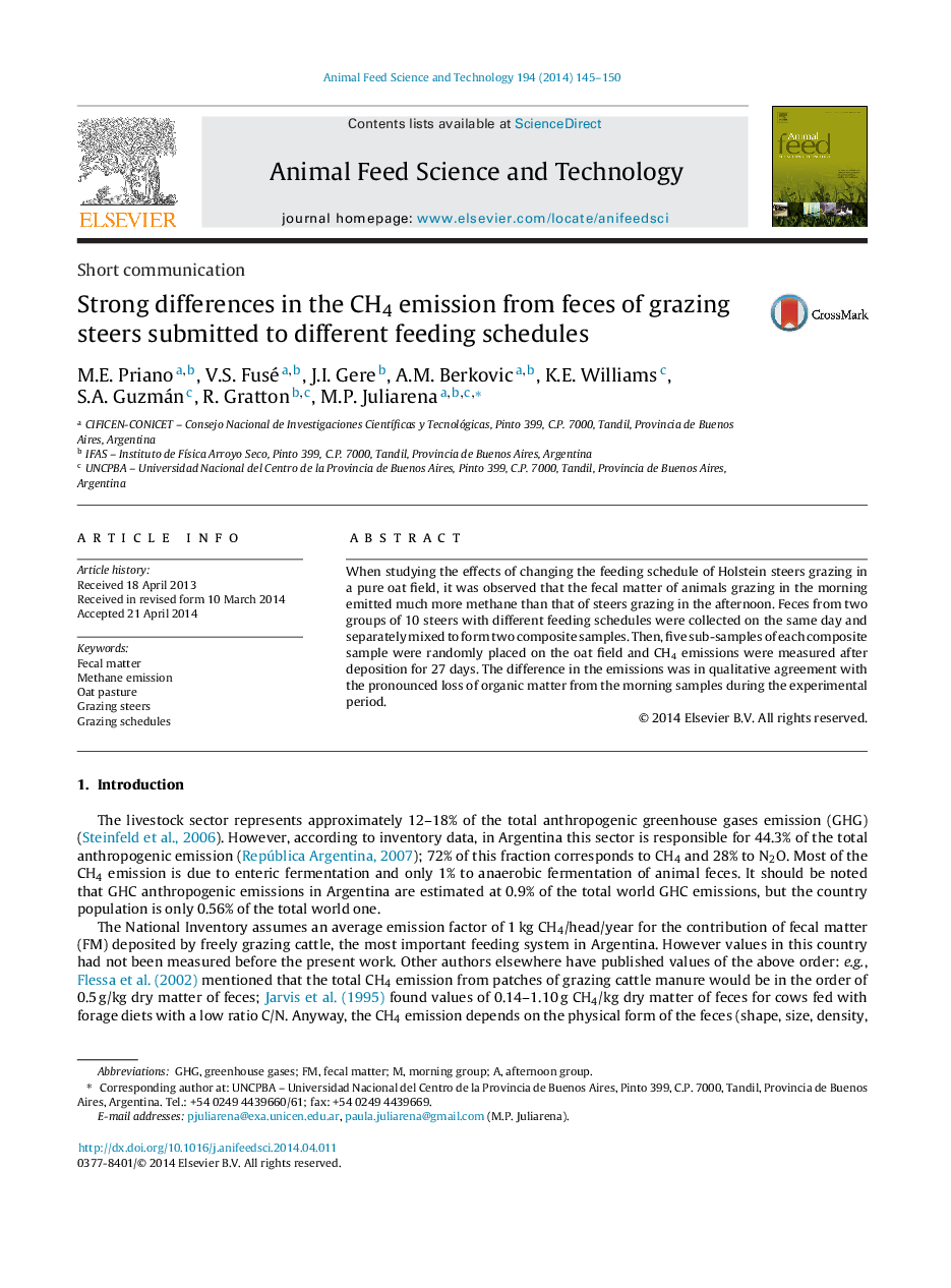 Strong differences in the CH4 emission from feces of grazing steers submitted to different feeding schedules