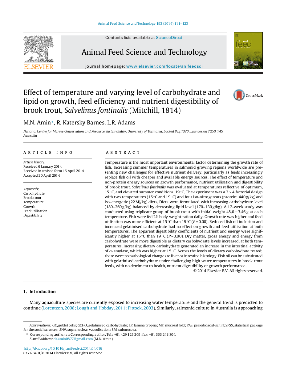 Effect of temperature and varying level of carbohydrate and lipid on growth, feed efficiency and nutrient digestibility of brook trout, Salvelinus fontinalis (Mitchill, 1814)