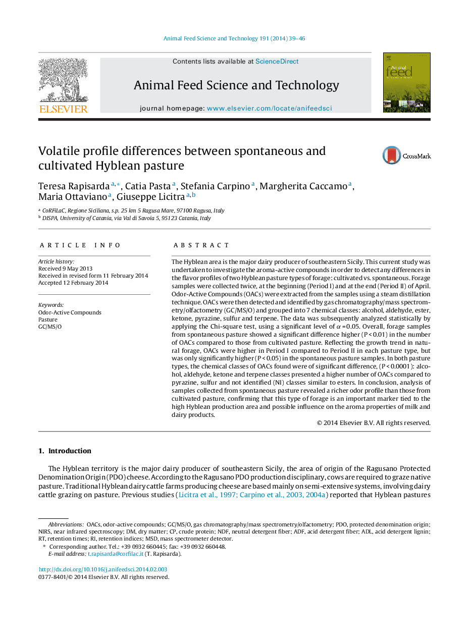 Volatile profile differences between spontaneous and cultivated Hyblean pasture