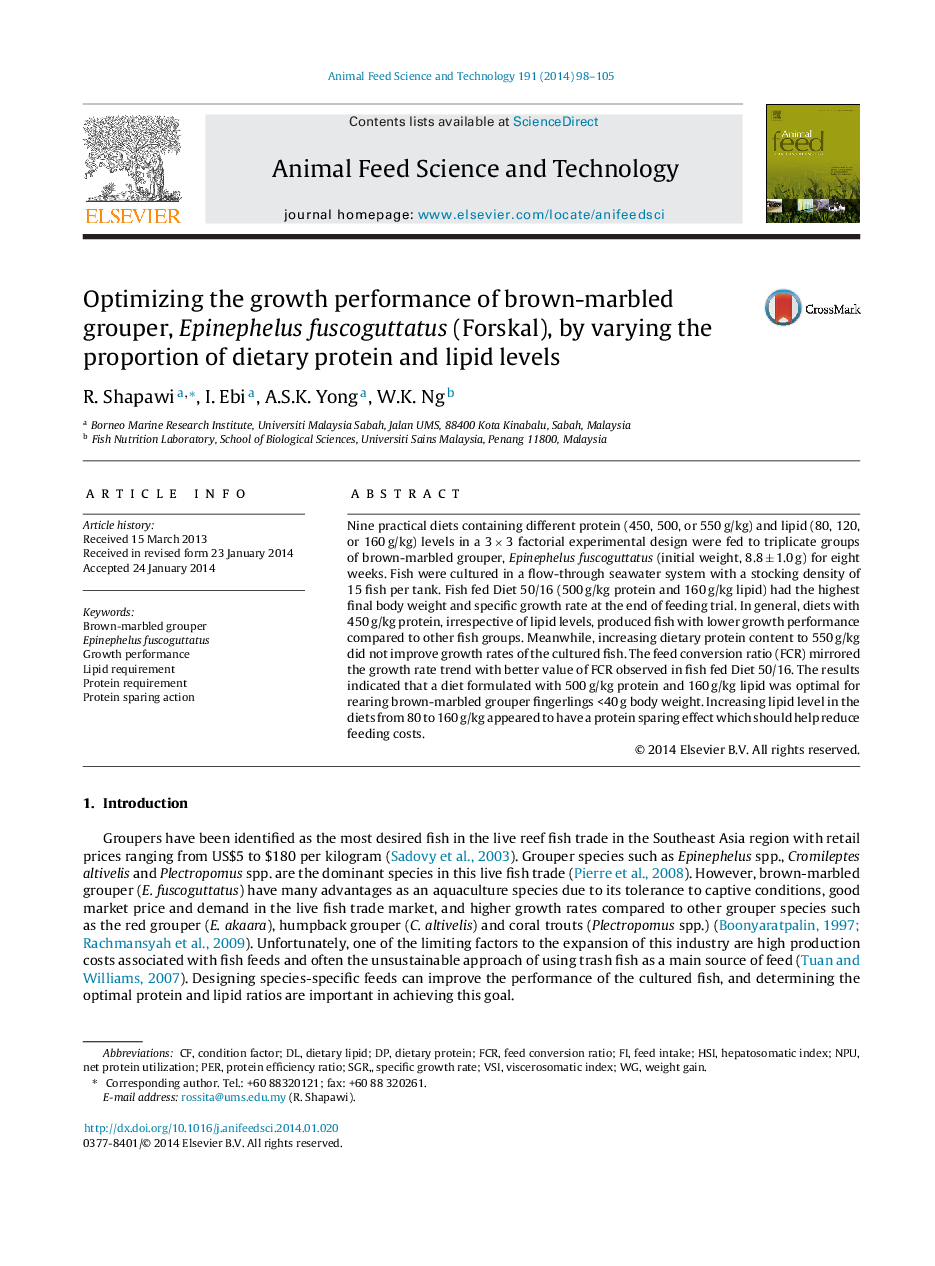 Optimizing the growth performance of brown-marbled grouper, Epinephelus fuscoguttatus (Forskal), by varying the proportion of dietary protein and lipid levels