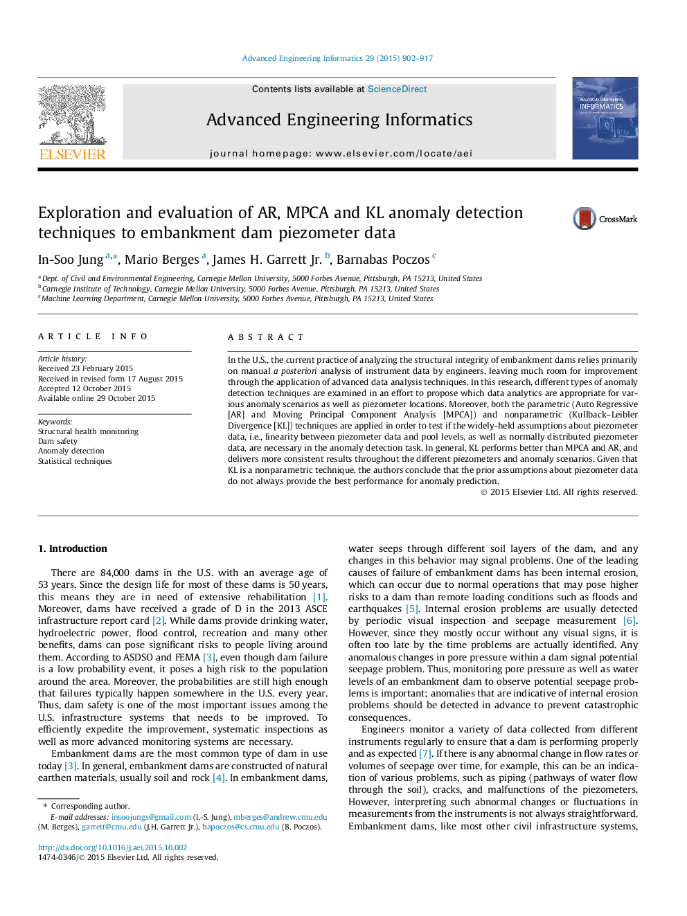 Exploration and evaluation of AR, MPCA and KL anomaly detection techniques to embankment dam piezometer data