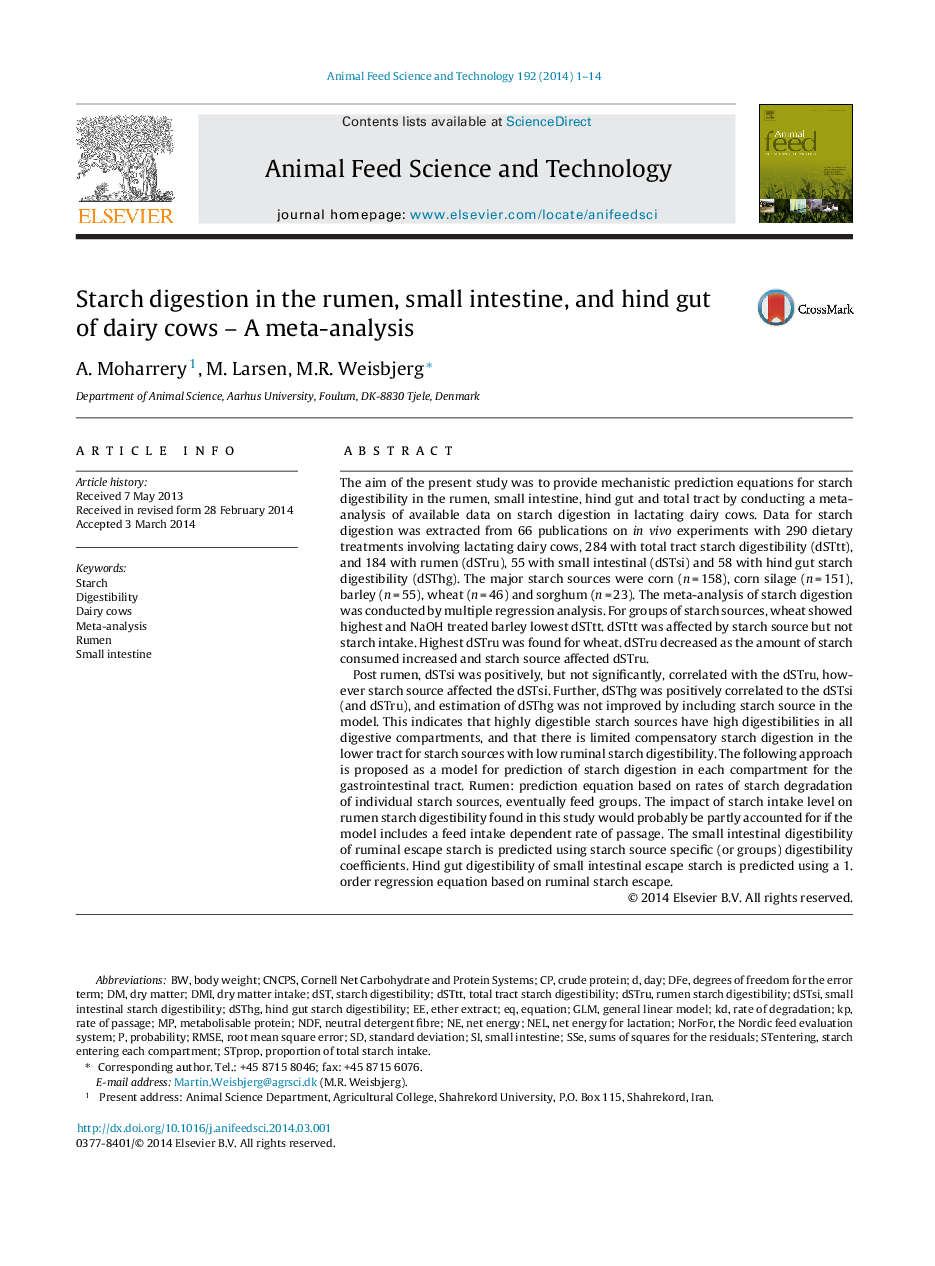 Starch digestion in the rumen, small intestine, and hind gut of dairy cows – A meta-analysis