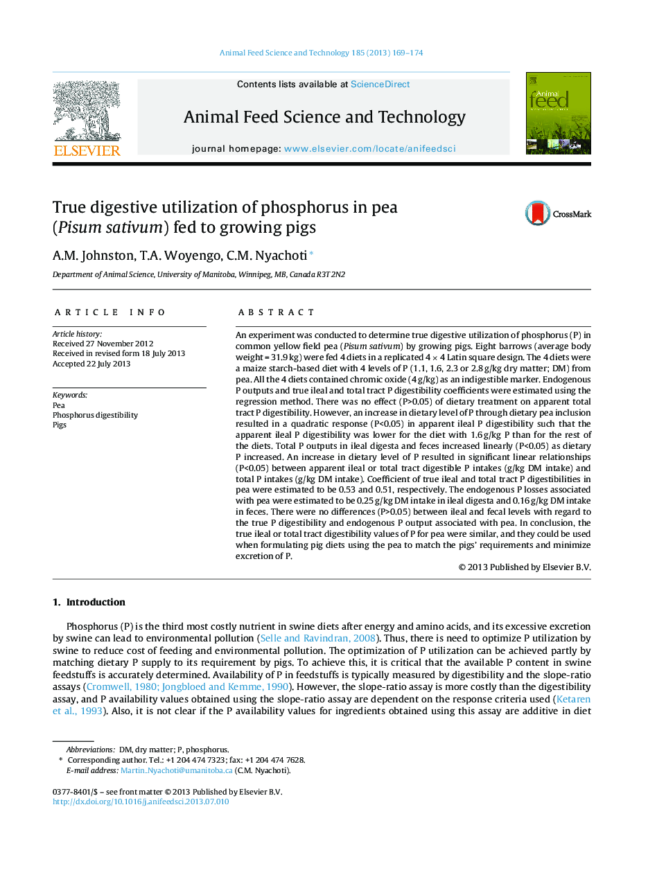 True digestive utilization of phosphorus in pea (Pisum sativum) fed to growing pigs