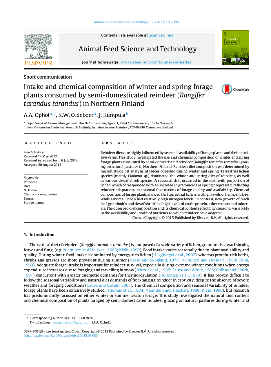 Intake and chemical composition of winter and spring forage plants consumed by semi-domesticated reindeer (Rangifer tarandus tarandus) in Northern Finland