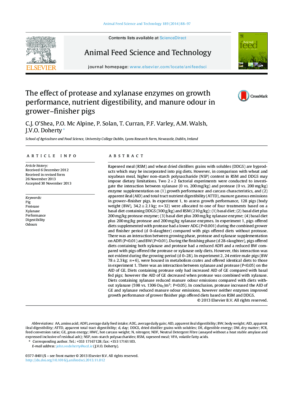 The effect of protease and xylanase enzymes on growth performance, nutrient digestibility, and manure odour in grower–finisher pigs