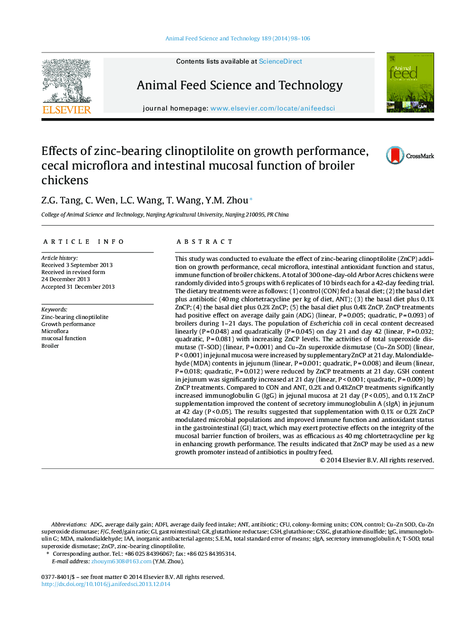 Effects of zinc-bearing clinoptilolite on growth performance, cecal microflora and intestinal mucosal function of broiler chickens