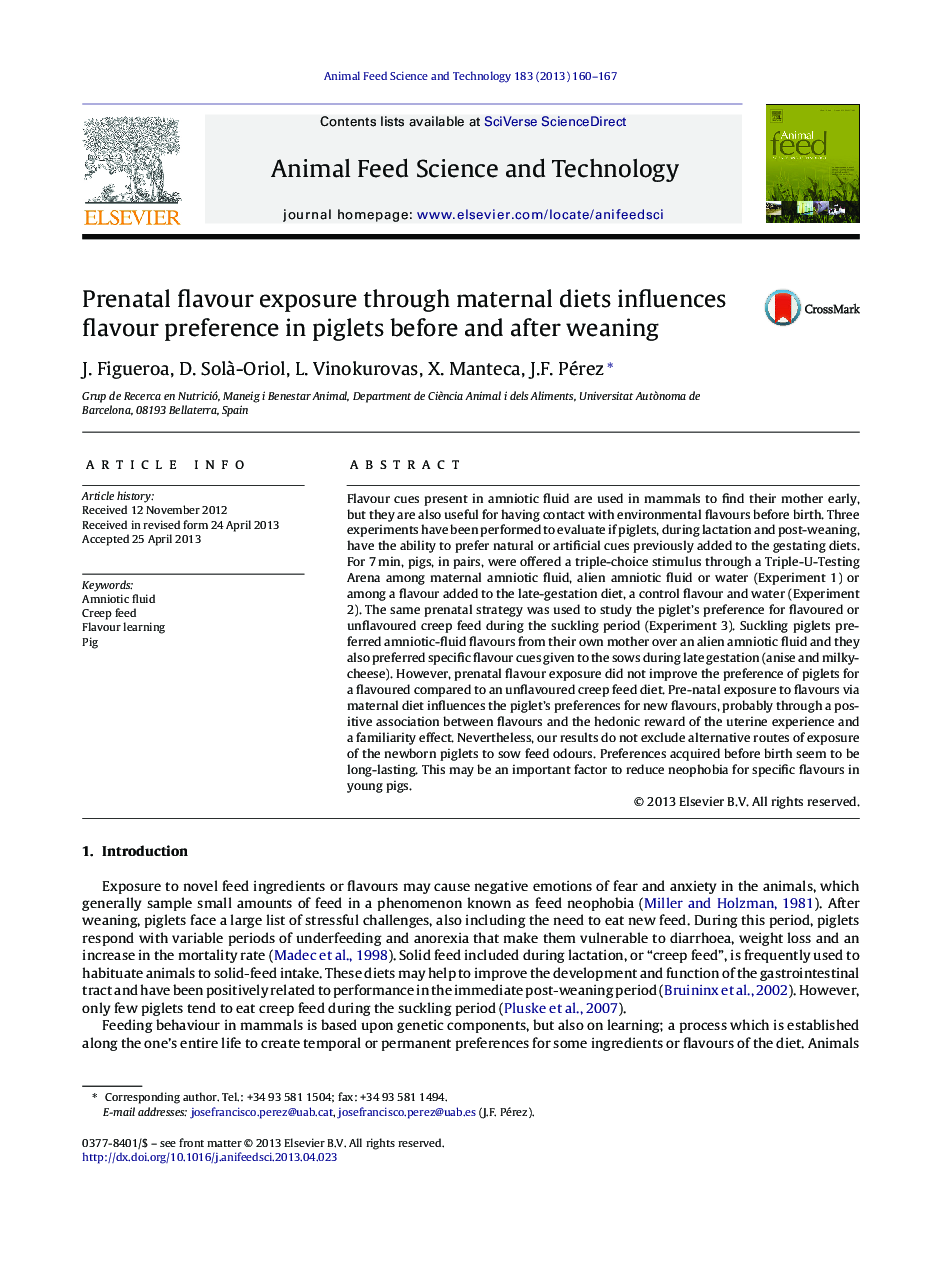 Prenatal flavour exposure through maternal diets influences flavour preference in piglets before and after weaning