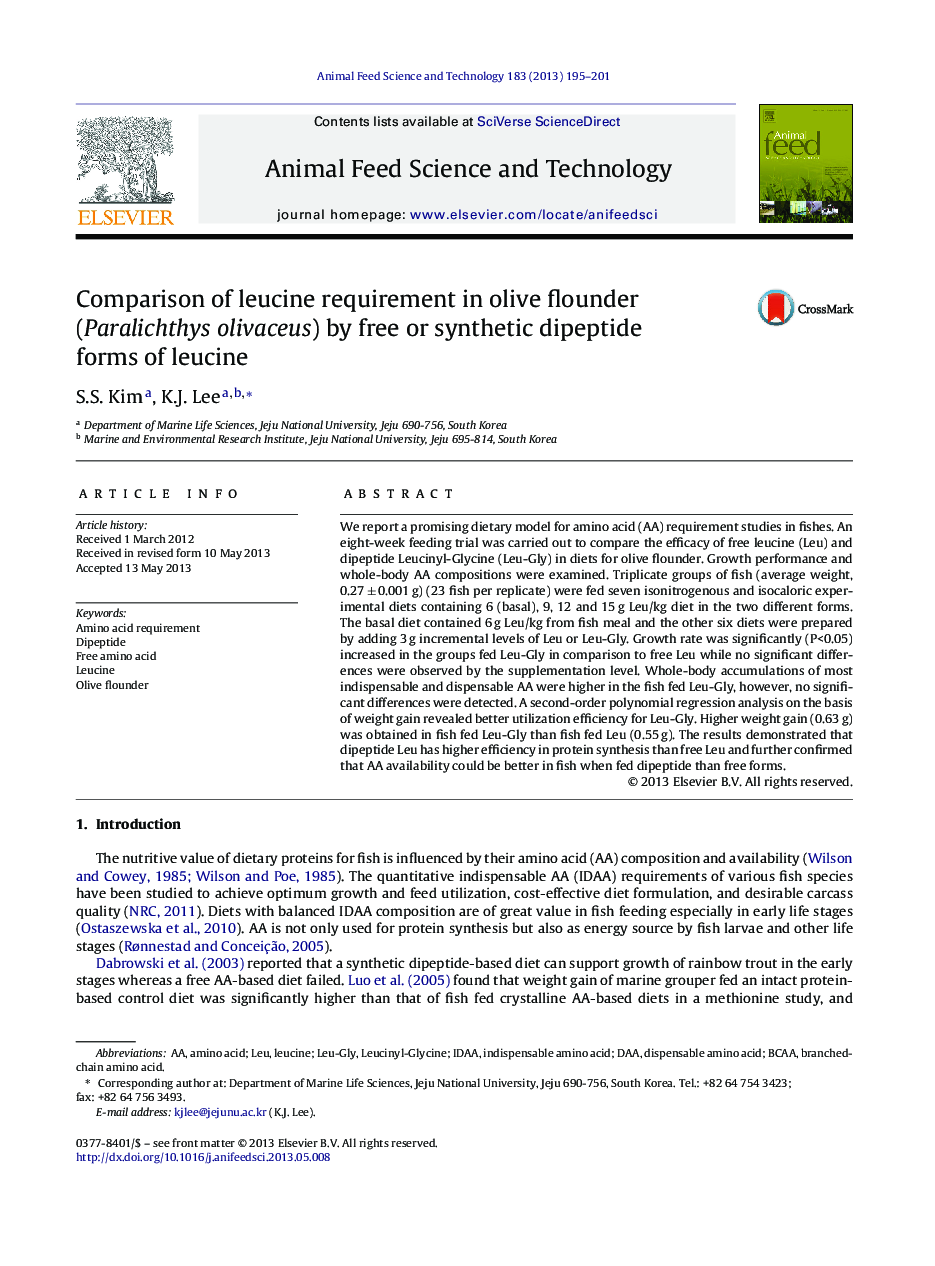 Comparison of leucine requirement in olive flounder (Paralichthys olivaceus) by free or synthetic dipeptide forms of leucine
