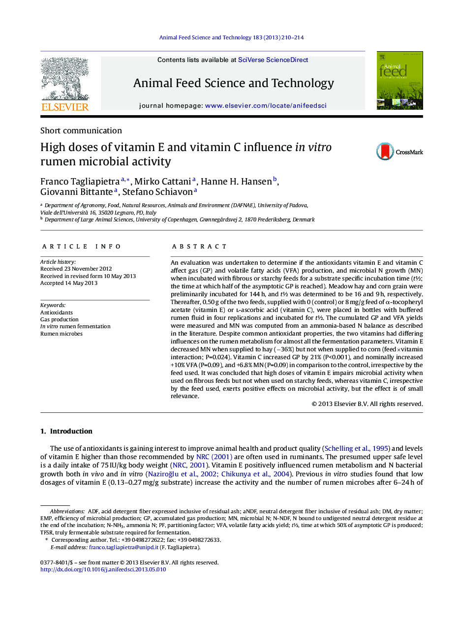 High doses of vitamin E and vitamin C influence in vitro rumen microbial activity