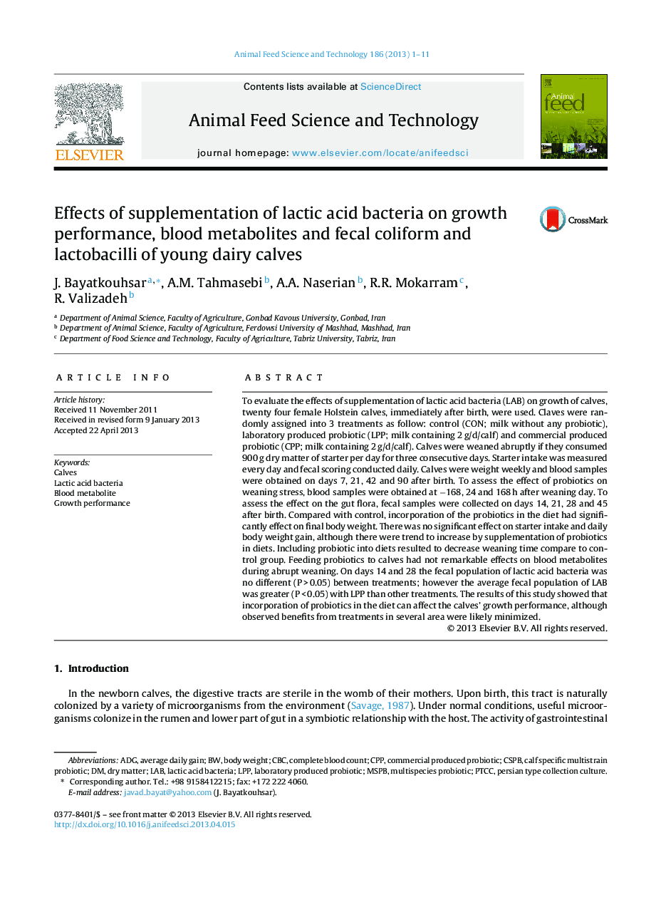 Effects of supplementation of lactic acid bacteria on growth performance, blood metabolites and fecal coliform and lactobacilli of young dairy calves