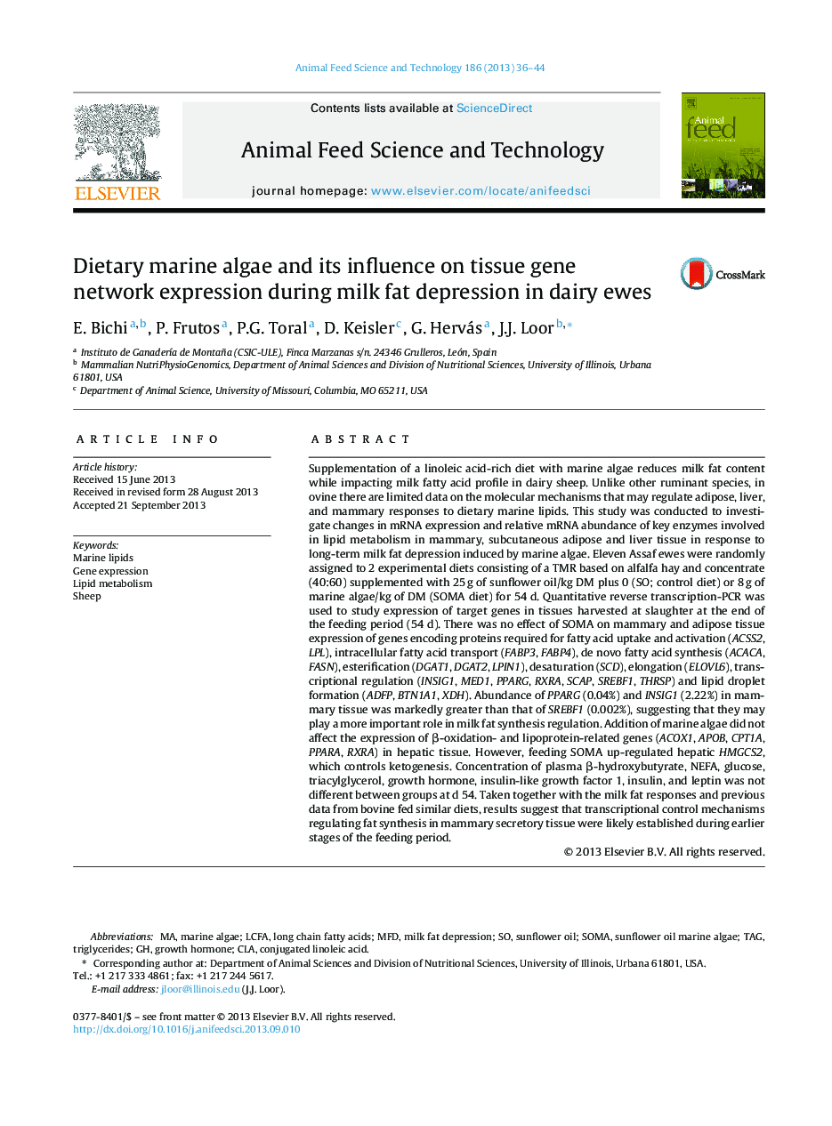 Dietary marine algae and its influence on tissue gene network expression during milk fat depression in dairy ewes