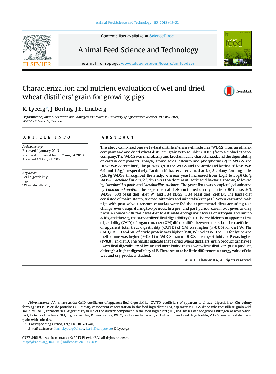 Characterization and nutrient evaluation of wet and dried wheat distillers’ grain for growing pigs