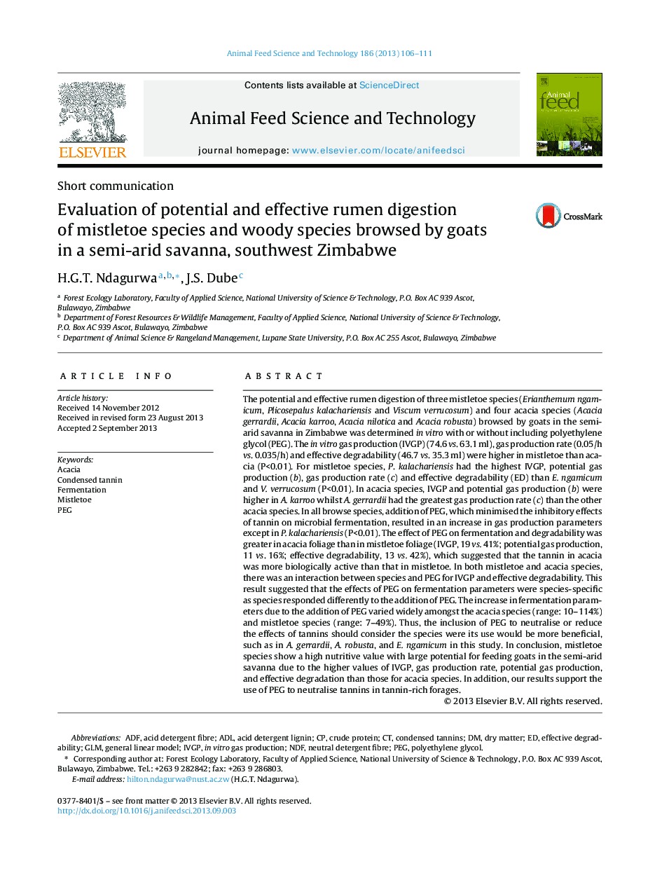 Evaluation of potential and effective rumen digestion of mistletoe species and woody species browsed by goats in a semi-arid savanna, southwest Zimbabwe