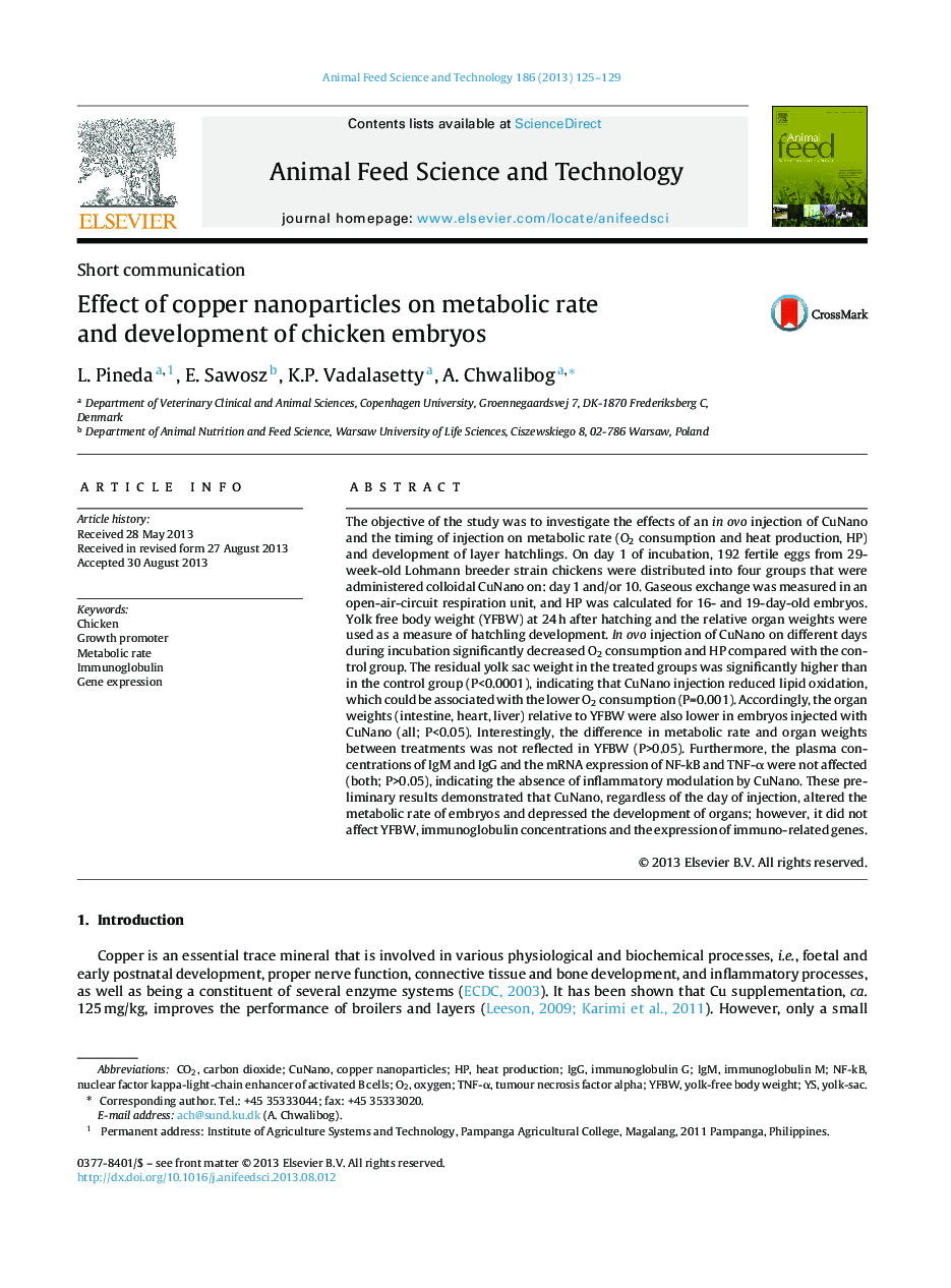 Effect of copper nanoparticles on metabolic rate and development of chicken embryos